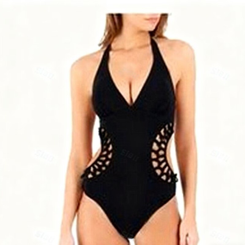 New Hand-Knitted Mesh Elegant Swimsuit Women's One-Piece Pure Color Lace-Up Cut Out Sexy Backless European and American Bikini Swimsuit