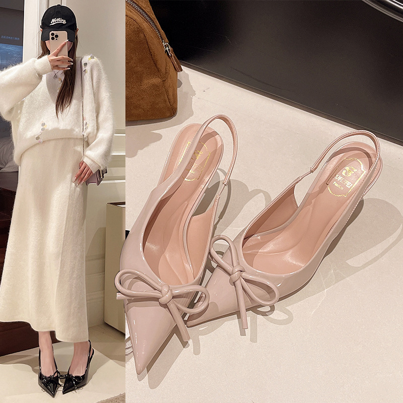 Pu Leather Closed-Toe Sandals, Pointed Toe, Thin Heels, High Heels for Women, 2025, Back Strap, Paired with Skirts, Work Shoes, Trending Keywords