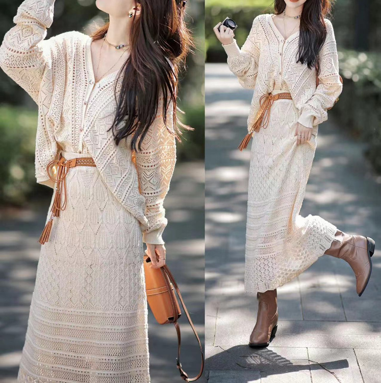 Fashionable and Gentle Knitted Hollow-Out Cardigan Set with Skirt, New Spring and Summer Design, Stylish and Age-Reducing Dress for Women