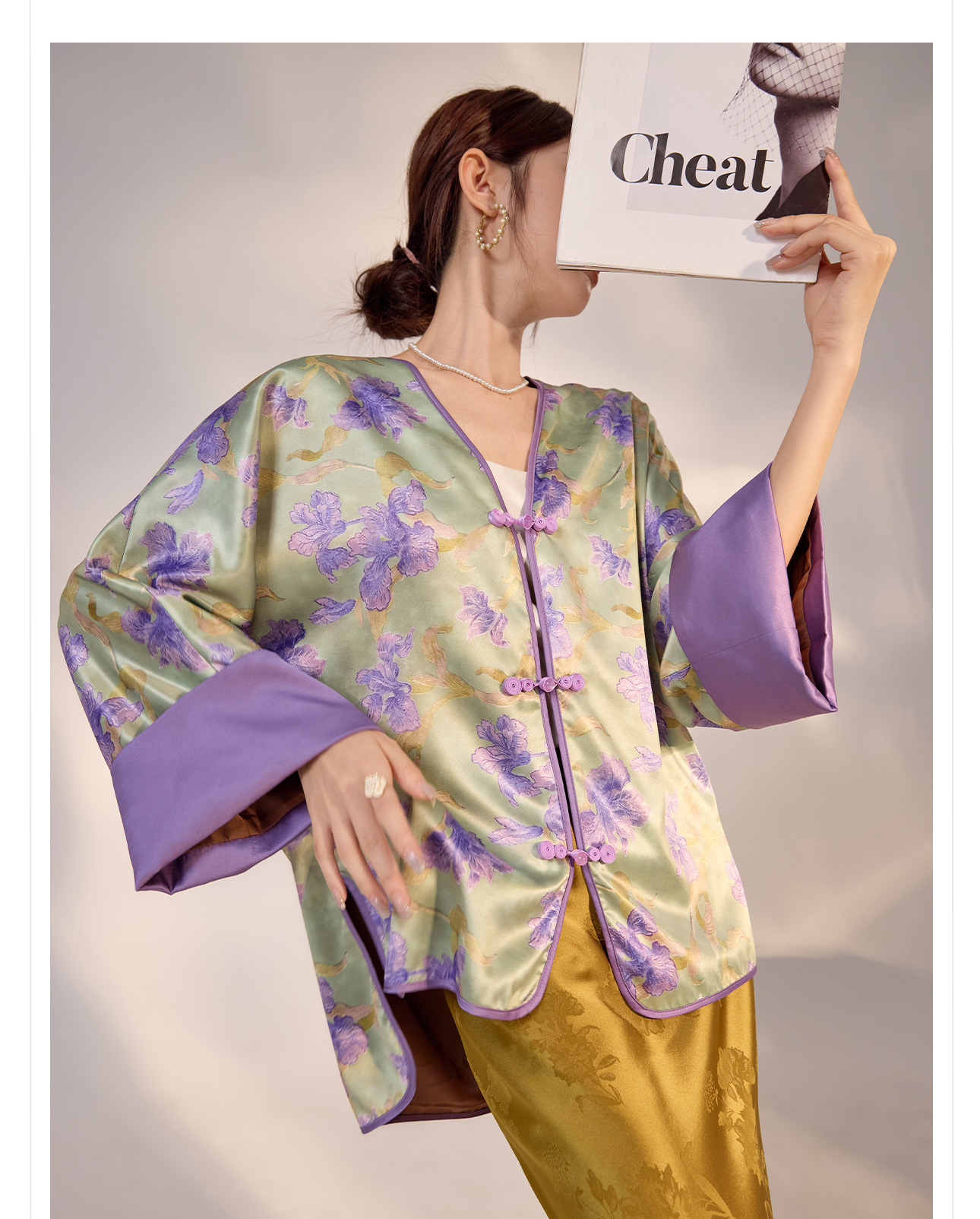 Áo khoác nhẹ nữ in hoa phong cách Trung Hoa mới, dáng suông tay dài — Áo chi tiết 3