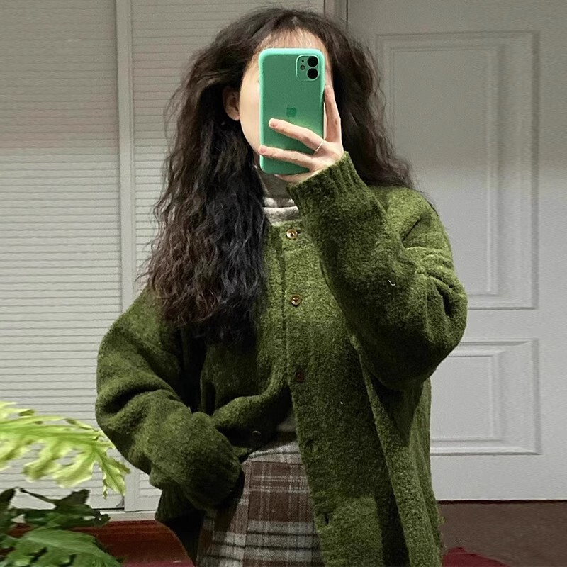 Vintage Green Loop Yarn Sweater Cardigan Women's Autumn and Winter Loose Round Neck Knitted Coat Lazy and Relaxed Top