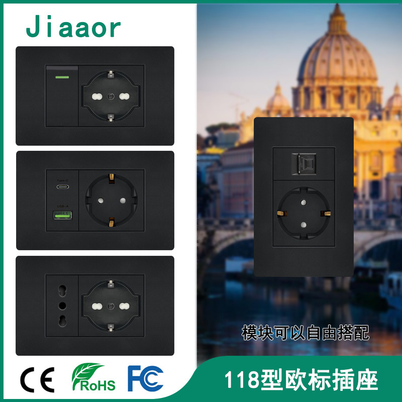 Type 118 German Italian Black Switch Socket Panel Usb+Typec Italian Standard European Power Socket Concealed Installation Type 118 German Italian Black Switch Socket Panel Usb+Typec Italian Standard European Power Socket Concealed Installation