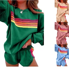 跨境外贸亚马逊2025女式时尚休闲圆领宽松卫衣彩条松紧腰短裤套装