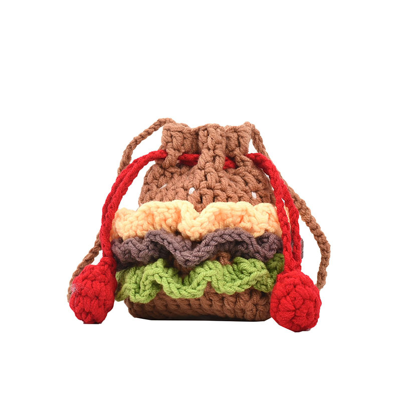 Nuevo terminado lindo hamburguesa cordón bolsa de moda creativa pequeños niños tejidos cubo bolsa de dibujos animados bolsa chica