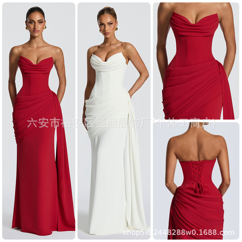 Strapless pleated long mermaid gown with diagonal multi-pleat ribbons, bodycon dress for evening and red carpet, elegant dress