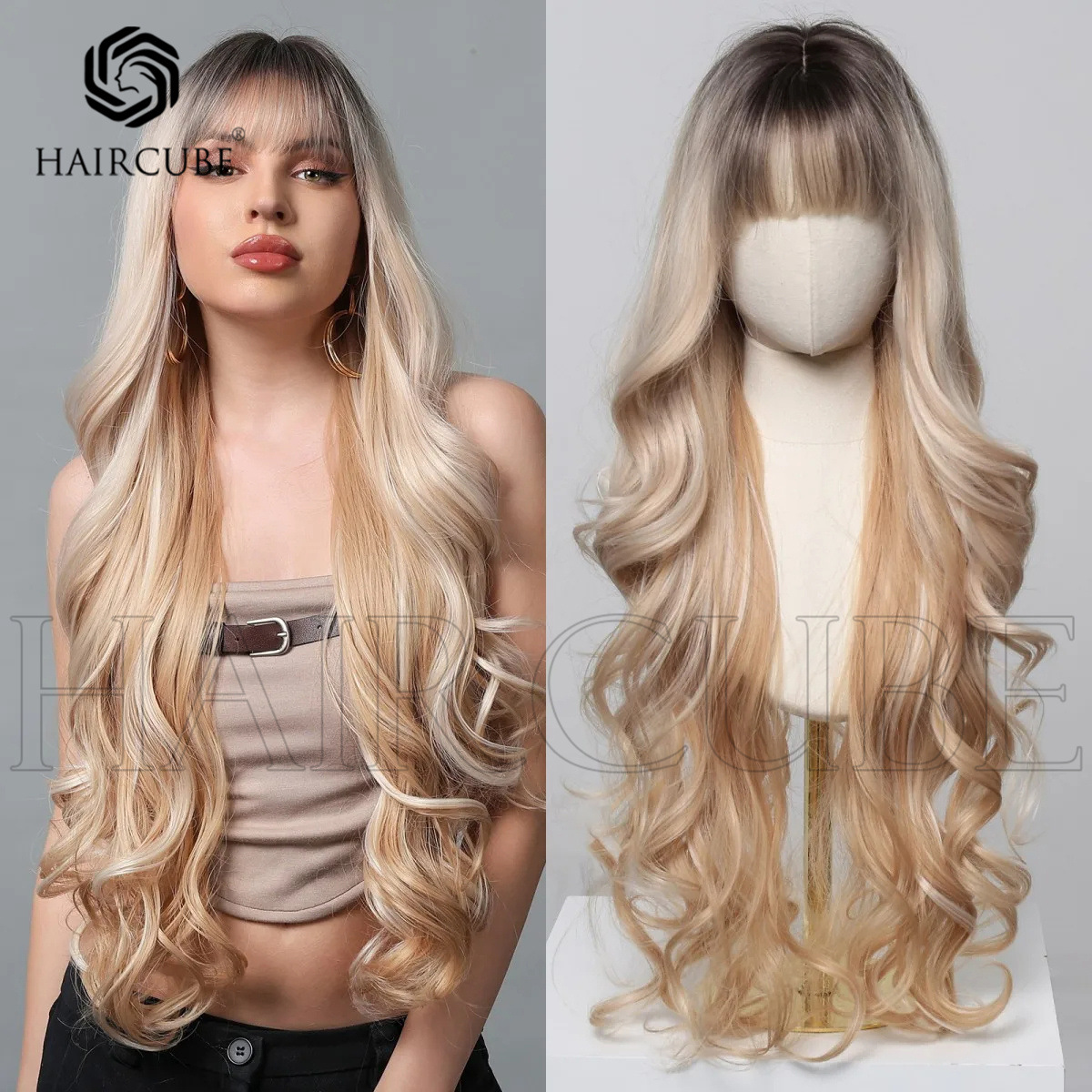 Peluca de pelo largo y rizado europeo y americano, marrón oscuro, oro blanco, reflejos, flequillo completo, nuevo producto transfronterizo al por mayor de Amazon