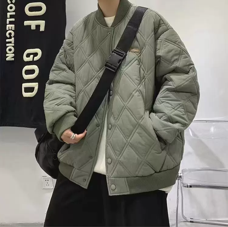 批冬季菱形格棉衣棉服男ins日系潮牌复古休闲情侣棒球服夹克外套