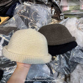 出口日本含羊毛复古针织卷边渔夫帽子女秋冬百搭显脸小盆帽水桶帽
