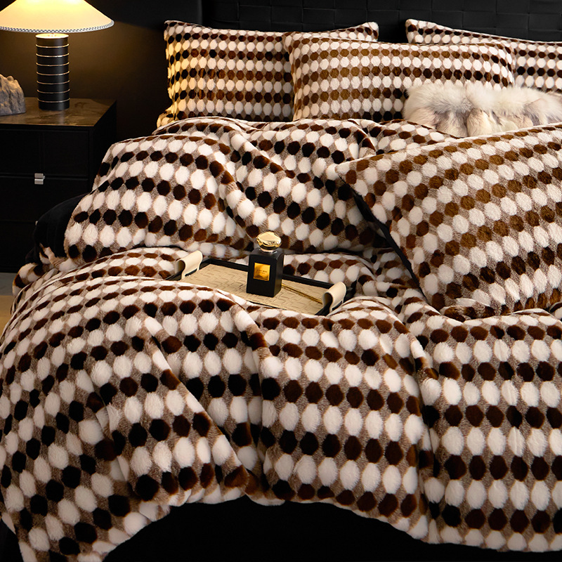 Invierno engrosado cama de peluche de coral de leche de cuatro piezas, sábanas de alto peso de doble cara con peluche