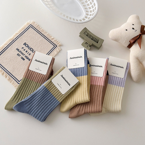 suxinaimin retro striped pile socks color block socks female Japanese college style cotton socks student stockings