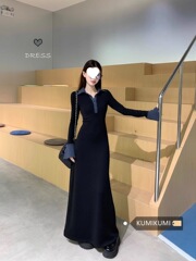 黑色感气质翻领长袖连衣裙女冬季新款收腰修身显瘦荷叶边长裙