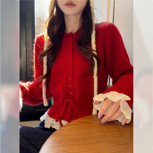KANING Korean Sweet Style Sheer Lace Knit Cardigan for Women 2025 Autumn New Slimming Youthful Sweater