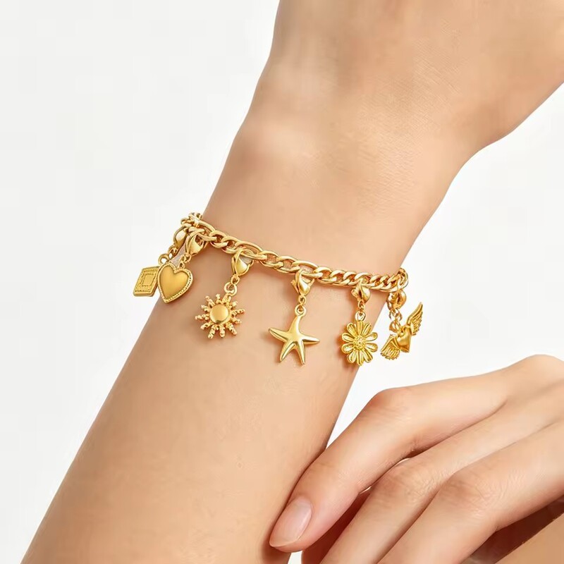 Mini jewelry with lobster clasp, stainless steel DIY pendant for Figaro bracelet, women's flower heart sun jewelry