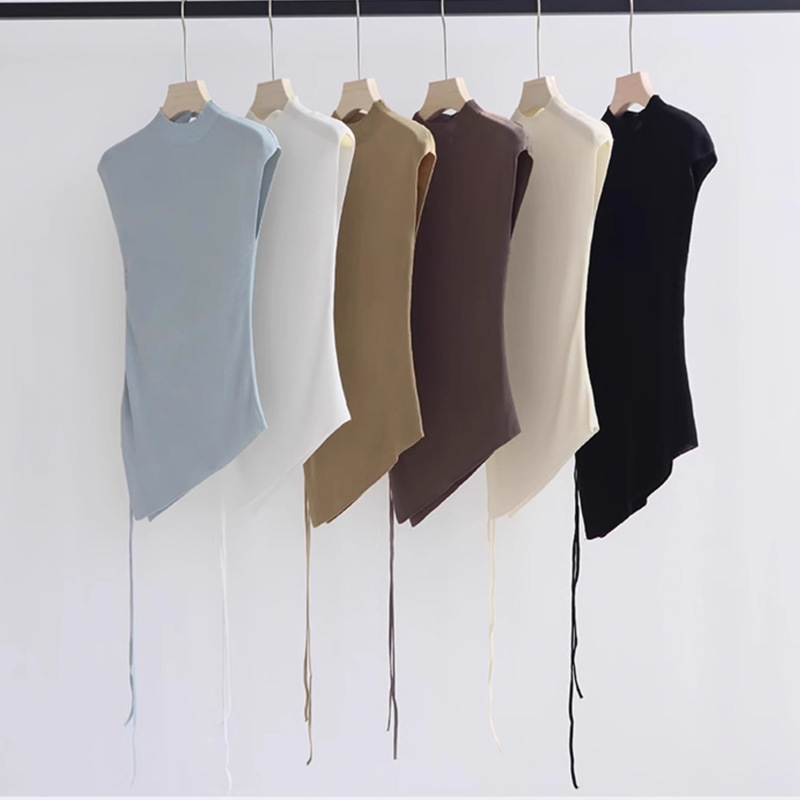 Lyocell Tencel 하프 하이 넥 니트 반팔 티셔츠 여성용 여름 새로운 슬림 핏 슬리밍 내베이스 셔츠 탑