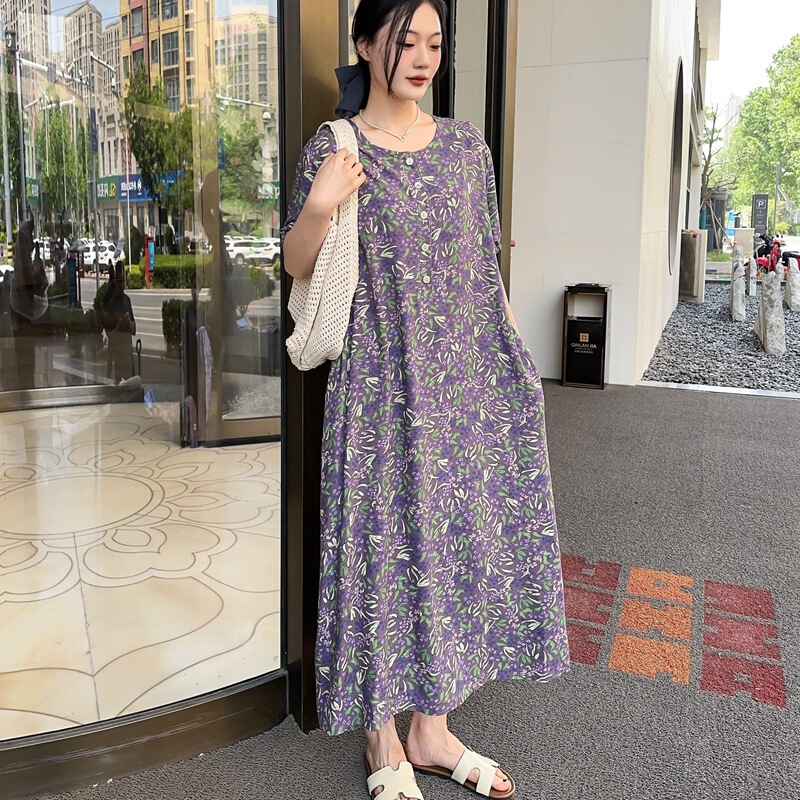 新しい綿シルクドレス半袖花柄レディースロングルーズスタイル春、秋、夏は大きいサイズのドレスの外で着用できます|undefined