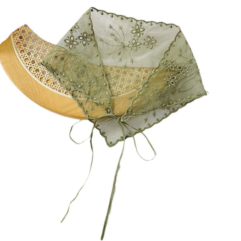 Encaje bordado pequeña flor bufanda mujer primavera y verano estilo coreano color sólido hueco todo partido protección del cuello triángulo decorativo bufanda con cordones bufanda
