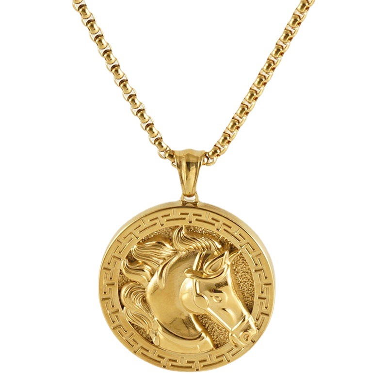 Cruzar la frontera europea y americana de acero inoxidable 3D cabeza de caballo colgante "caballo" oro redondo de acero inoxidable de hip hop collar de los hombres