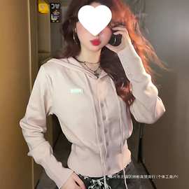 跨境韩系腰显瘦连帽针织开衫女秋季新修身显瘦休闲百搭设计感衣图
