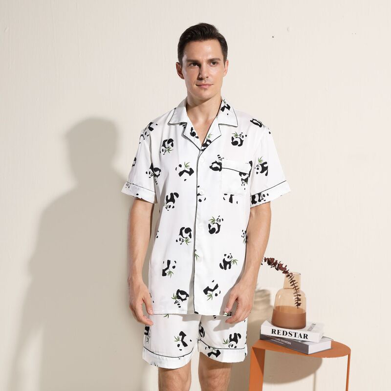 New Summer Men's Thin Panda Ice Silk Satin Pajamas Short-sleeved Shorts Summer Men's Breathable Suit Home Clothes