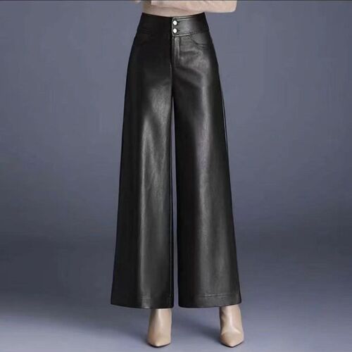 Autumn/Winter New Fashion High-Waisted PU Leather Wide Leg Pants for Women, Flowy Loose Stylish Versatile Casual Long Pants
