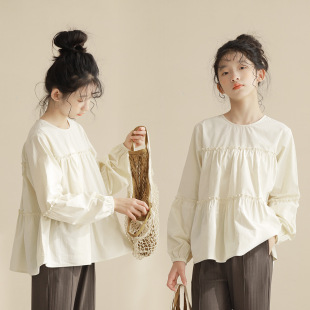 Japanese style simple loose sweet girl's spring long-sleeved doll shirt front and back long niche parent-child shirt cross-border ins