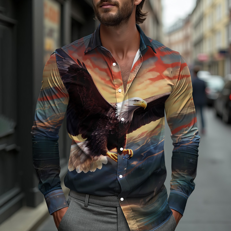 Men's American Shirt Patriotic Independence Day Eagle Design Spring Summer Shirt Single Breasted Lapel 2025 New