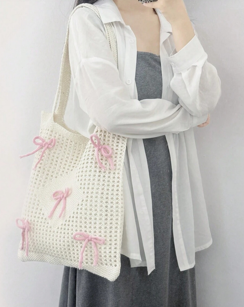 Knitting, Hollow Fashion Element Women's Medium Polyester Bow Knot Cute Preppy Style Knitting Hollow Square Open Square Bag