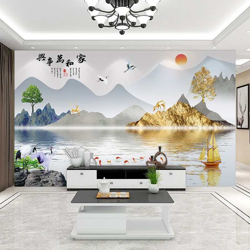 Living Room Tv Background Wall Wallpaper 8D Wallpaper Film and Television Wall Decoration Wall Covering New Chinese Style Landscape Mural