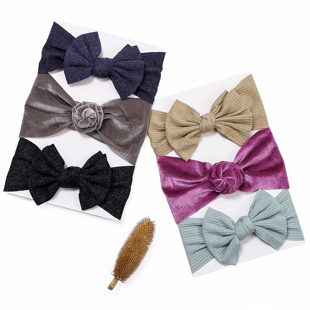 Cross-border European and American new children's hair accessories baby solid color wide headband baby flannel bow elastic hair band suit_voghion.com
