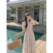 初恋森系雪纺碎花连衣裙女夏2023新款露肩中长款连衣裙亚马逊批发