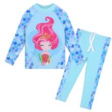 BAOHULU UPF50+ Blue Cartoon Girls’ Swimsuit Rash Guard Set