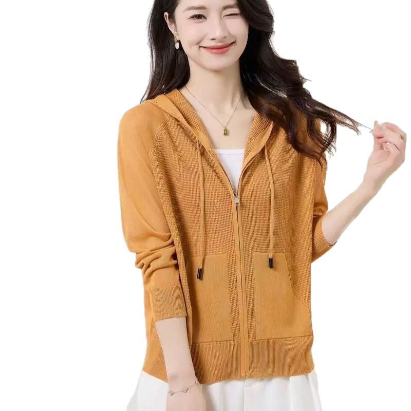 春夏の女性用フード付きアイスシルクニットカーディガン、薄手のショート長袖日焼け止め服、韓国風ルーズショールジャケット|undefined