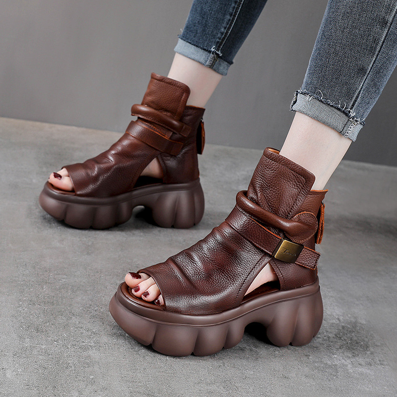 Sandal hở mũi nữ da bò thật phong cách La Mã đế dày — Màu nâu