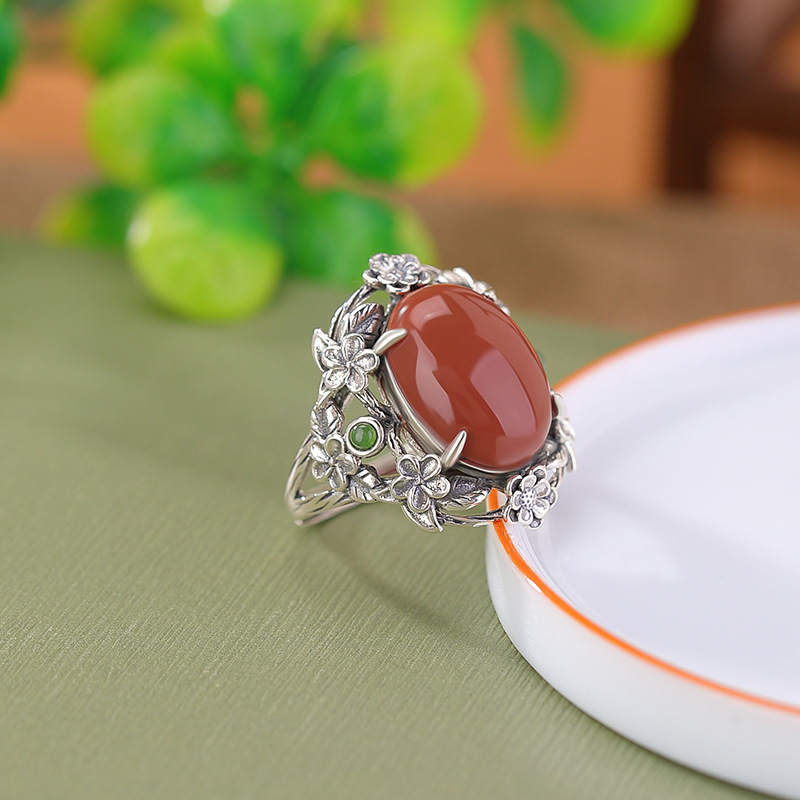 Nhẫn bạc S925 hình nai và hoa mã não đỏ mặt trứng phong cách retro cổ điển — Một chiếc
