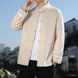 中国风男装鹿皮绒夹克龙纹宽松春秋外套复古盘扣唐装大码中山装潮