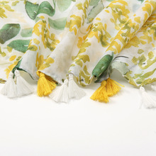 跨境植物花卉系列印花沙滩巾 长款挂流苏柔软棉麻混款披肩围巾女