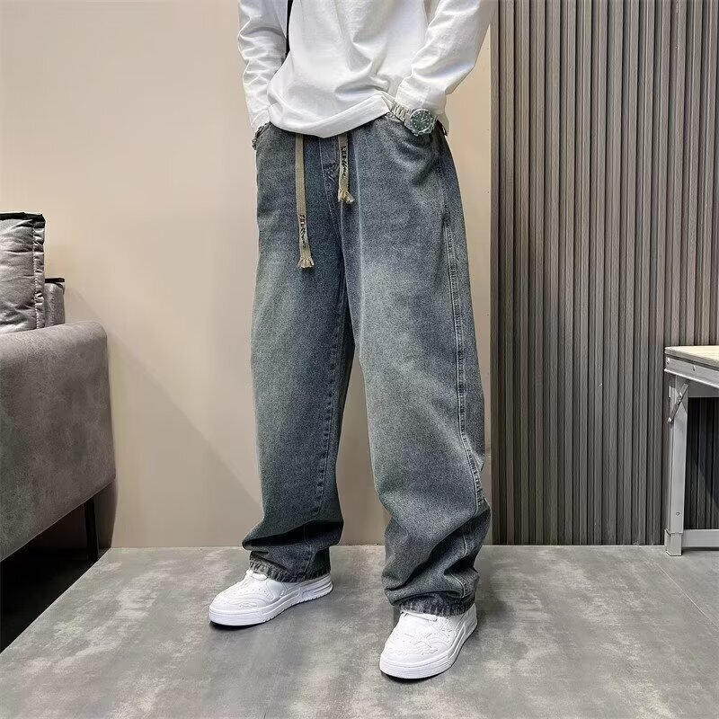 Tall Pants for Handsome Men and Women, Spring Casual Long Straight-Leg Jeans, American-Style Wide-Leg High Street Trousers