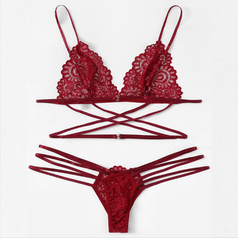 European And American Sexy Underwear Three-point Sexy Hollow Out Cross Strap Three-point Suit Lace  New Pop