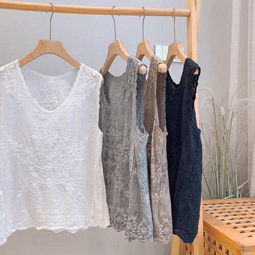 Literary jacquard embroidered cotton vest lace lace women's retro sleeveless suspender top