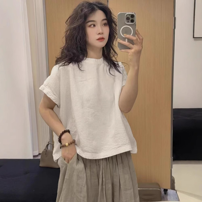 Vintage Artistic Hemp Top Women's Summer New Loose Casual Simple All-match Sleeve Pullover T-shirt Women's Small Shirt