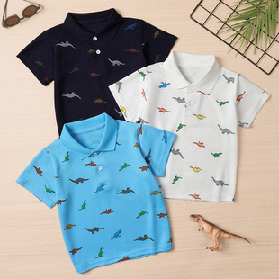 Overseas Cross-Border Kidsren's Summer Polo Shirt Boys Multi-Color Dinosaur Lapel T-Shirt Girls Pure Color Basic Short-Sleeved
