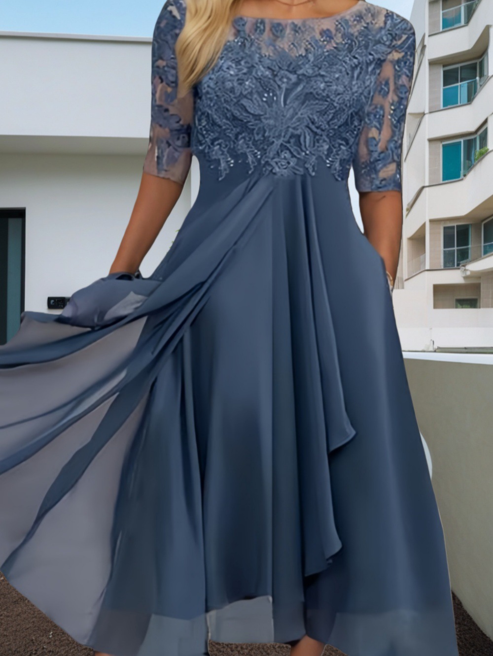 2025 estación europea transfronteriza vestido amazónico chiffon empalme encaje hueco vestido de dama de honor vestido de noche mujer