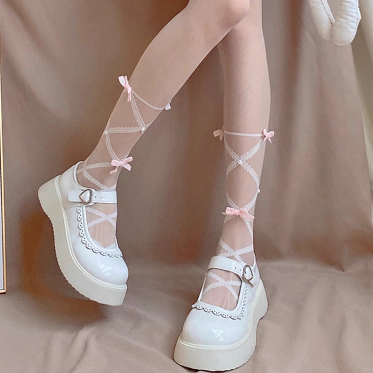 White tights, autumn thin sexy belt with bow, cute knee socks, Lolita style