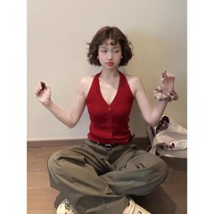 香港スタイル V ネックボタンノースリーブトップ女性の夏のアウターレトロ純粋な欲望スタイルホルターネックサスペンダーニットカーディガンベスト