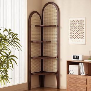 Corner Bookshelf Floor-Standing Multi-Layer Bookcase Storage Rack Retro Rattan Corner Cabinet Living Room Wall Book Storage Rack