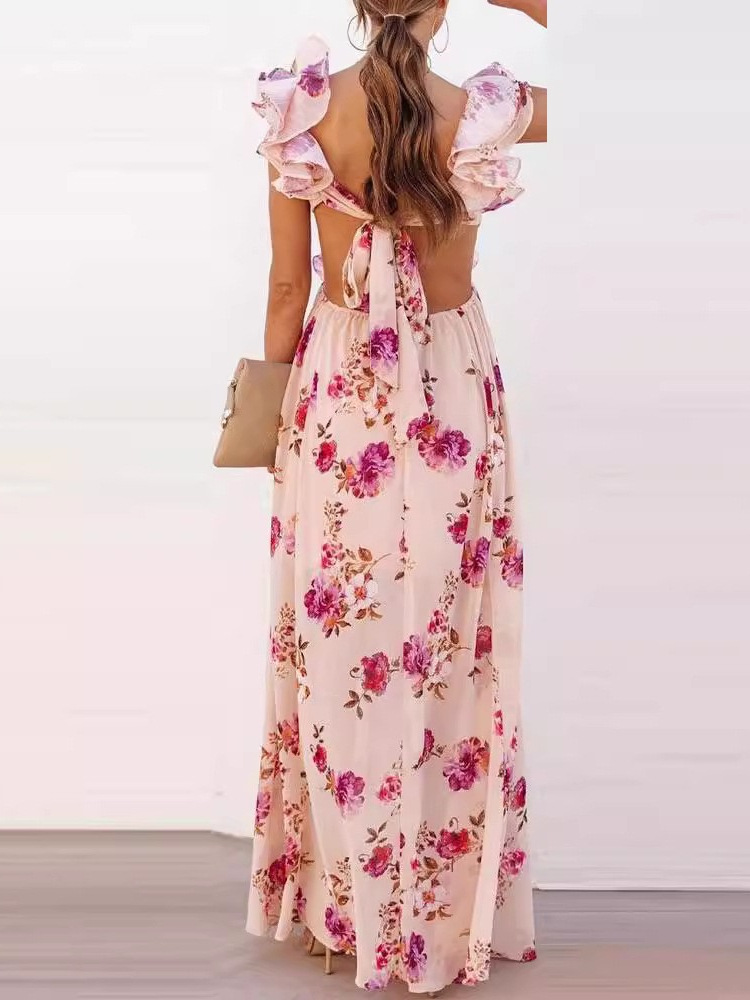 2025 Vestido de falda larga de verano sin espalda con diseño de hombros descubiertos y estampado de comercio exterior de nuevas mujeres transfronterizas europeas y americanas