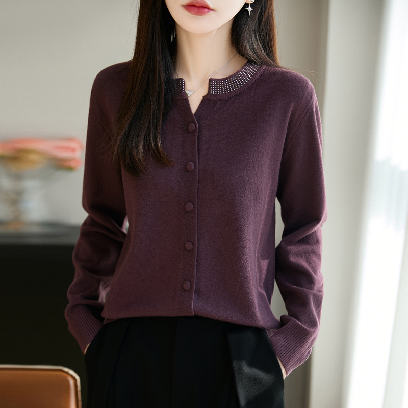 2026 Spring New Style Andy Velvet Round Neck Knitted Cardigan with Rhinestone Collar, Solid Color, Loose Fit, Soft and Fluffy Top Jacket