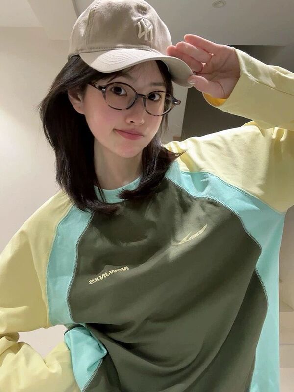 纯棉韩系撞色插肩袖圆领卫衣女2025秋季大码设计感小众情侣上衣潮|undefined