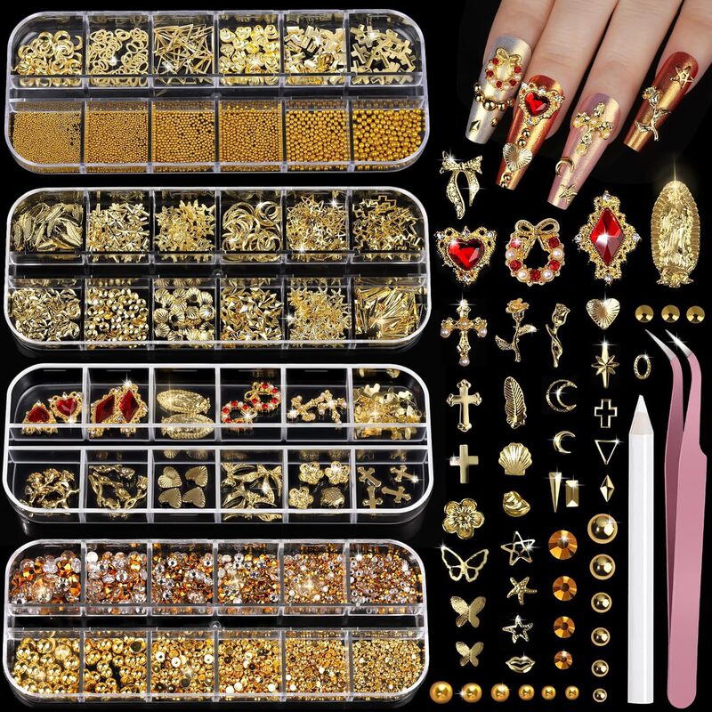 Amazon's Popular Alloy Nail Art Accessories 12-Compartment Set with Gold and Silver Rivets, Steel Beads, and Mixed Materials Nail Stickers Amazon's Popular Alloy Nail Art Accessories 12-Compartment Set with Gold and Silver Rivets, Steel Beads, and Mixed Materials Nail Stickers
