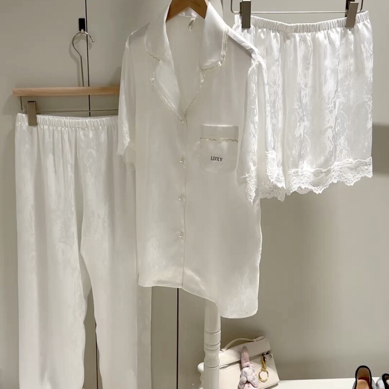 Korean Style Spring and Autumn Pajamas Korean Style Fashionable Pajamas Women's Ice Silk Home Clothes Lace Jacquard Two-piece Pajamas Set for Summer